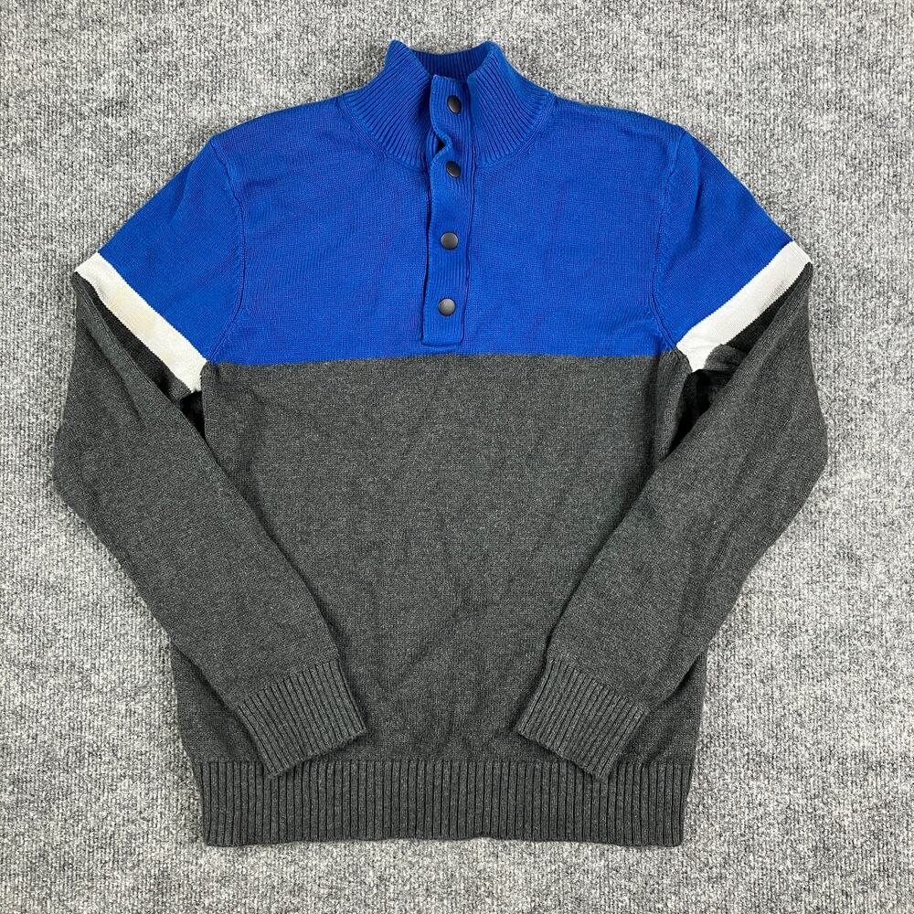 Express Sweater Mens Medium Blue Gray Colorblock Mock Neck Button-Up‎ Pullover